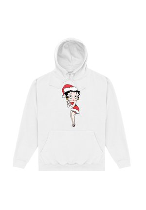 Biała bluza z kapturem z kieszenią z przodu, z postacią z kreskówki ubraną w czerwono-białe ubranie Mikołaja, trzymającą lody w rożku.