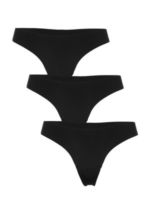 Tre pezzi identici di biancheria intima nera in cotone stile perizoma impilati verticalmente su uno sfondo bianco.