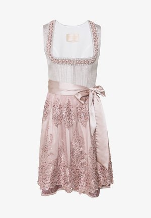 Sleeveless traditional dress with silver bodice, square neckline edged with rose trim, pink embroidered skirt, and wide satin bow belt.