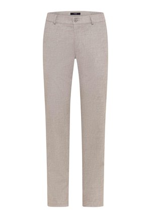 Beige Slim-Fit-Herrenhose mit Gürtelschlaufen, vorderem Knopfverschluss und zwei Seitentaschen.