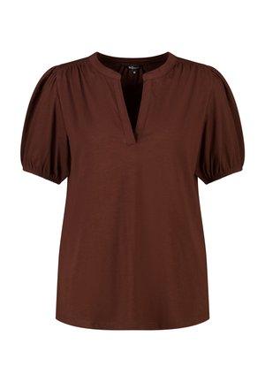 Bruine blouse met korte mouwen met geplooide pofmouwen en een gespleten ronde hals, in een medium maat.