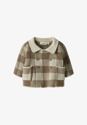 Cárdigan de bebé en tonos marrón y beige a cuadros, con mangas cortas, gran cuello, botones dobles y dos bolsillos frontales de Lil' Atelier.