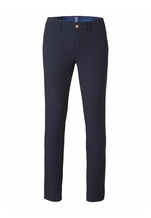 Marineblaue, schlank geschnittene Herrenhose mit vorderem Knopf und Gürtelschlaufen, vor weißem Hintergrund präsentiert.