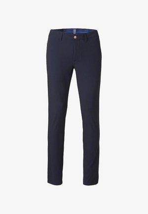 Marineblaue, schlank geschnittene Herrenhose mit vorderem Knopf und Gürtelschlaufen, vor weißem Hintergrund präsentiert.