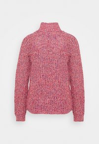 Sweter robiony na drutach z wysokim kołnierzem, charakteryzujący się teksturowanym, wielokolorowym wzorem w odcieniach czerwieni, fioletu i różu. Długie rękawy z ściągaczami.