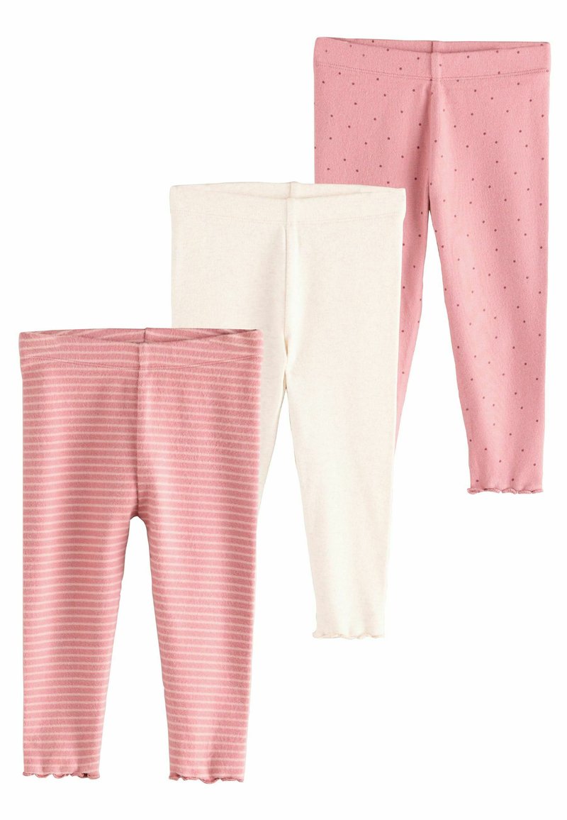 Drie paar leggings: één gestreept in roze, één effen crème, en één roze met kleine stippen. Zacht materiaal met golvende zomen.