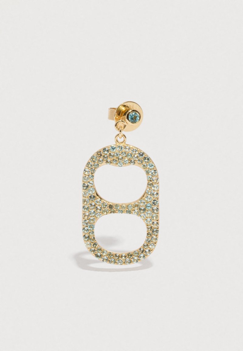 Zelta auskari ar diviem ovālas formas izgriezumiem, inkrustēti ar maziem gaiši zilajiem dārgakmeņiem un vienu zilu dārgakmeni pie aizdares.