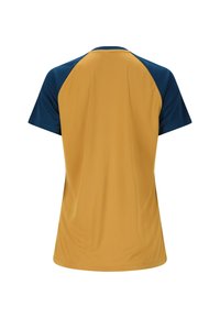 Lyhythihainen urheilu paita, jossa on keltainen vartalo ja tummansiniset raglan-hihat, valmistettu sileästä ja hengittävästä kankaasta. Ei näkyviä logoja tai kuvioita.