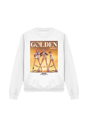 White sweatshirt with a graphic of three animated female figures standing confidently under the words "GOLDEN HUNTRX" against a golden background.