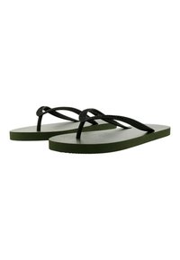 Black rubber flip-flops with a textured sole and crossed straps. Sole is dark green, providing contrast with black straps.