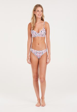 Set di bikini che presenta un bralette con motivo, spalline regolabili e bikini a vita bassa abbinati, nei colori rosa, blu e bianco.