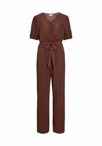 Rudas plisuotas kombinezonas su trumpomis rankovėmis, V formos iškirpte ir surišta juosmena; turi plačias kelnes ir tekstūruotą audinį visame kombinezone.