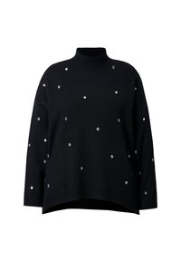 Maglione nero a collo alto in maglia con vestibilità morbida, arricchito da pietre luccicanti d'argento sparse sulla parte anteriore.