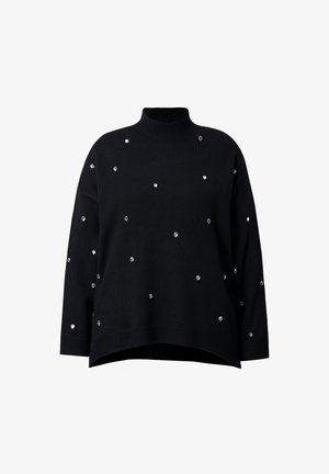 Black knitted turtleneck sweater with a relaxed fit, embellished with scattered silver rhinestones across the front.