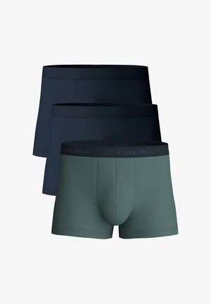 Pack of three boxer briefs in dark navy and green. Made from soft, stretchy fabric with a comfortable waistband embossed with "CALIDA."