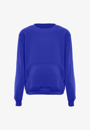 Blaues Sweatshirt mit langen Ärmeln, rundem Halsausschnitt und einer vorderen Kängurutasche. Hergestellt aus einem weichen, strukturierten Stoff; mit gerippten Bündchen und Saum.