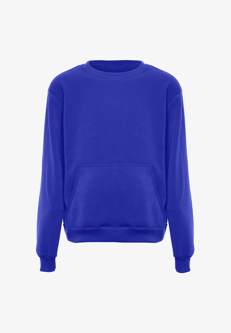 Felpa blu con maniche lunghe, scollo rotondo e tasca a marsupio davanti. Realizzata in un morbido tessuto testurizzato; presenta polsini e orlo a coste.