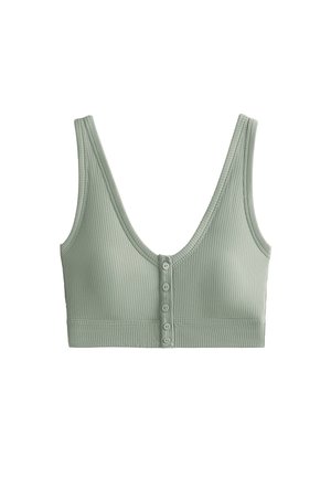 Ráncos zöld bralette mély V-nyakkal, széles pántokkal és elülső öt gombos záródással. Puha anyag sima tapintással.
