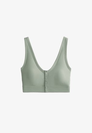 Rippierter grüner Bralette mit tiefem V-Ausschnitt, breiten Trägern und fünf Knopfverschlüssen vorne. Weicher Stoff mit glatter Textur.