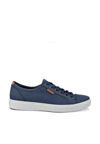 Blue low-top lace-up sneaker with white sole and brown logo tag on the side, viewed from the outer side.