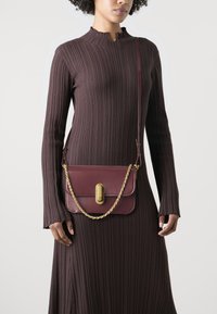 Borsa a tracolla in pelle marrone con una tracolla in catena d'oro, forma rettangolare e superficie liscia. Presenta una chiusura decorativa sul fronte.