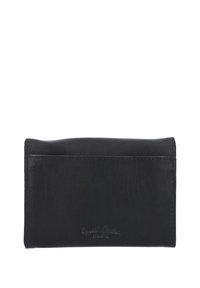 Black leather wallet with a smooth texture, rectangular shape, single compartment design, and embossed logo on the front.