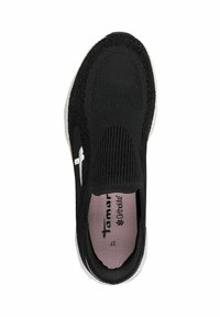 Black slip-on shoe with a textured knit upper and white sole. Features a cushioned insole labeled "Ortholite" and minimal branding.