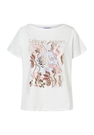 Weißes kurzärmeliges Hemd mit rundem Ausschnitt, verziert mit Blumenmustern in Pink, Blau und Braun sowie dem Text "LIVING BEAUTY" auf der Brust.