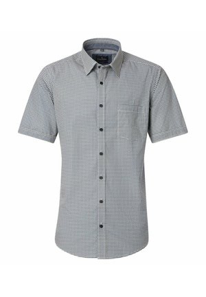 Herre kortærmet skjorte med knapper, med et lille blå og hvidt geometrisk mønster og spidst krave.