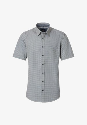 Męska koszula na krótki rękaw zapinana na guziki, z małym niebiesko-białym geometrycznym wzorem i zaostrzonym kołnierzykiem.