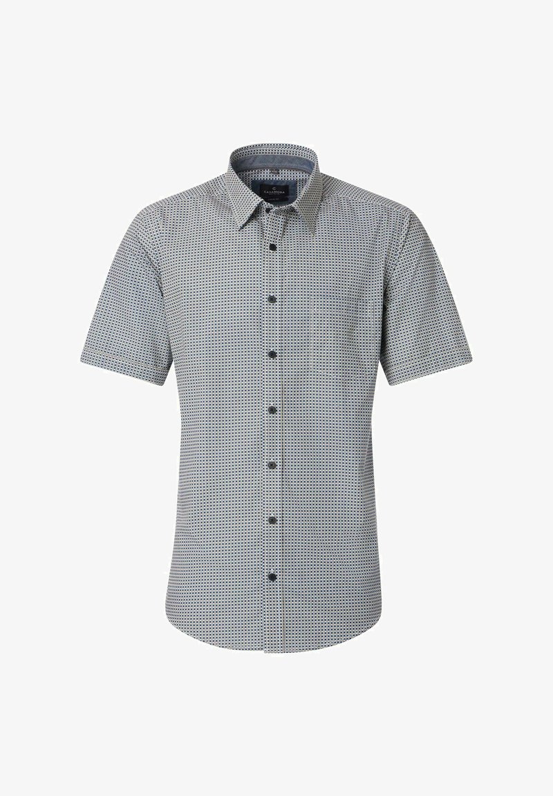Chemise pour homme à manches courtes avec petit motif géométrique bleu et blanc et col pointu.
