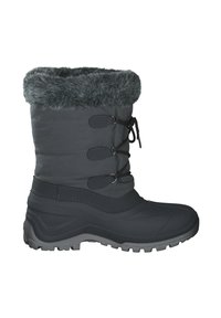 Sort vandtætte vinterstøvler med grå imiteret pelskant, snørebånd og struktureret gummisål for godt greb. Stabil og isoleret konstruktion.