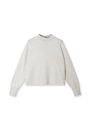 Lichtgrijze pullover trui met lange mouwen, voorzien van een geribde hoge kraag en manchetten, plat liggend weergegeven op een witte achtergrond.