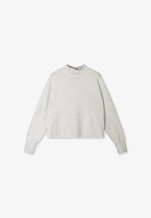 Lichtgrijze pullover trui met lange mouwen, voorzien van een geribde hoge kraag en manchetten, plat liggend weergegeven op een witte achtergrond.
