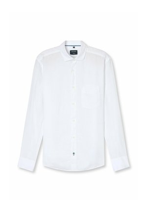 Chemise blanche à manches longues en tissu léger. Dotée d'un col, d'une fermeture à boutons, d'une poche poitrine et d'un accent de bouton bleu en bas.