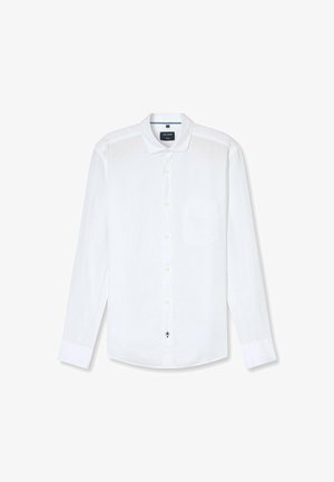 Chemise blanche à manches longues en tissu léger. Dotée d'un col, d'une fermeture à boutons, d'une poche poitrine et d'un accent de bouton bleu en bas.