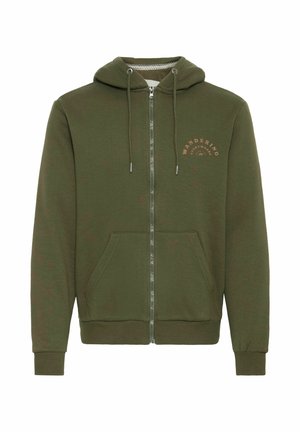 Olivgrön zip-up hoodie i mjukt tyg, med en framficka, dragsko-hette och tryckt "WANDERING" mönster på bröstet.