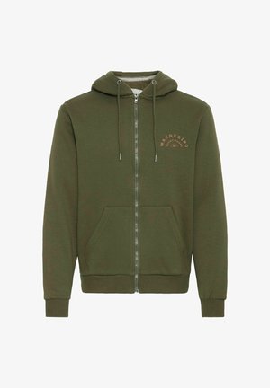 Olíva zöld cipzáras kapucnis pulóver puha anyagból, elülső zsebből, húzózsinóros kapucnival és a mellkason lévő "BÓKLÁSZÁS" felirattal.