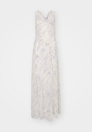 Floral-patterned, sleeveless long dress in light cream with lavender accents, featuring a v-neckline and wrap-around design. Soft texture.