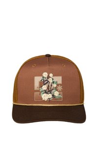Brown snapback cap with mesh sides, featuring an embroidered rose design on the front and a gold trim along the visor.