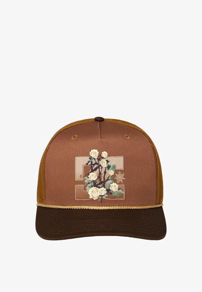 Brown snapback cap with mesh sides, featuring an embroidered rose design on the front and a gold trim along the visor.