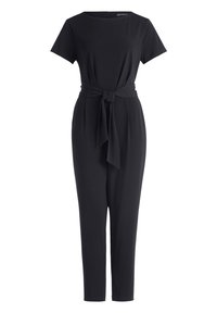 Tuta nera con maniche corte, scollatura rotonda, vita con cintura e gambe affusolate. Tessuto liscio con un design minimalista e zip sul retro discreta.