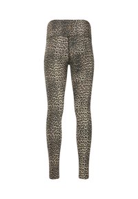 Volledige legging met luipaardprint en hoge tailleband, van achteren gezien op een witte achtergrond.