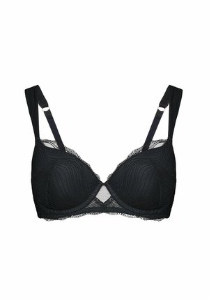 Schwarzer Spitzen-BH mit Bügelkörbchen, verstellbaren Schulterträgern und gewellten Kanten vor weißem Hintergrund.