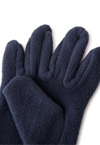 Granatowe rękawiczki polarowe o miękkiej, teksturowanej powierzchni, z kształtem trzech palców i dobrze dopasowane wokół nadgarstka.