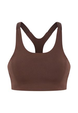 Brauner nahtloser Sport-BH mit Racerback-Design und breiten elastischen Trägern für Halt, dargestellt auf weißem Hintergrund.