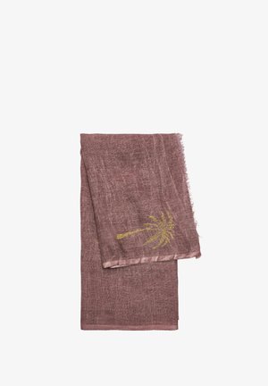 Złożony fioletowy lniany szalik z postrzępionymi brzegami i małą haftowaną żółtą palmą na jednym końcu.