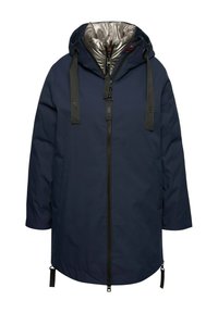 Marinblå vattentät jacka med en glänsande silverfärgad innerfoder, justerbar huva och svarta detaljer, med två sidofickor och dragkedjestängning.