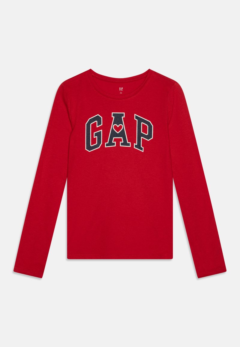 Red long-sleeve t-shirt made of cotton. Features "GAP" logo in navy with a heart, round neckline, and fitted design.