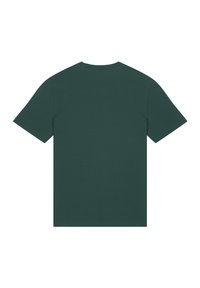 Donkergroene korte mouwen crewneck t-shirt liggend op zijn rug op een witte achtergrond.
